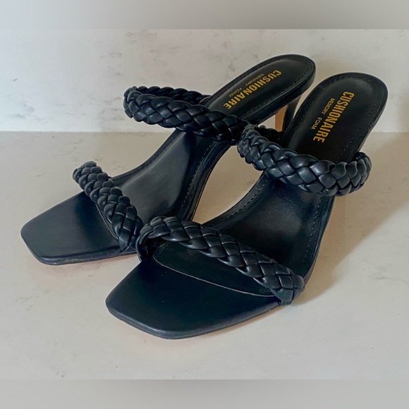 NEW Cushionaire Pippa Faux Leather Braid Strap Sandals Heels Square Toe Black 8 - Picture 1 of 10